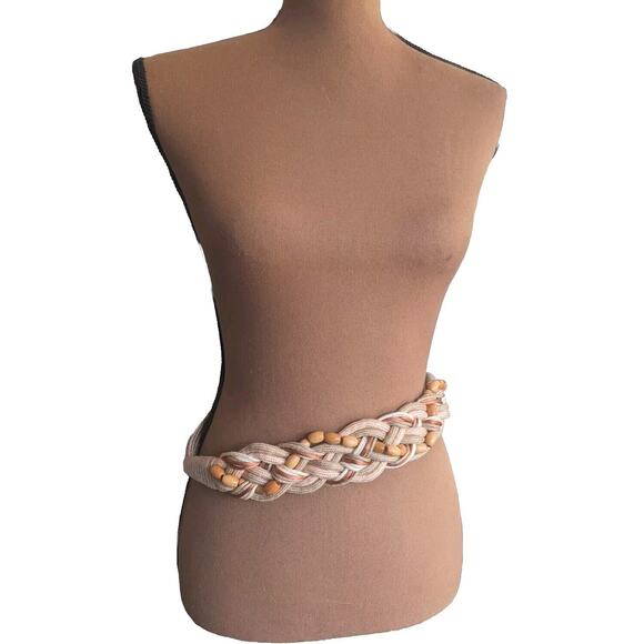80s Macrame Belt Stretch 30-32" Earth Tones Satin Rope Wooden Beads VTG Boho - Picture 2 of 9